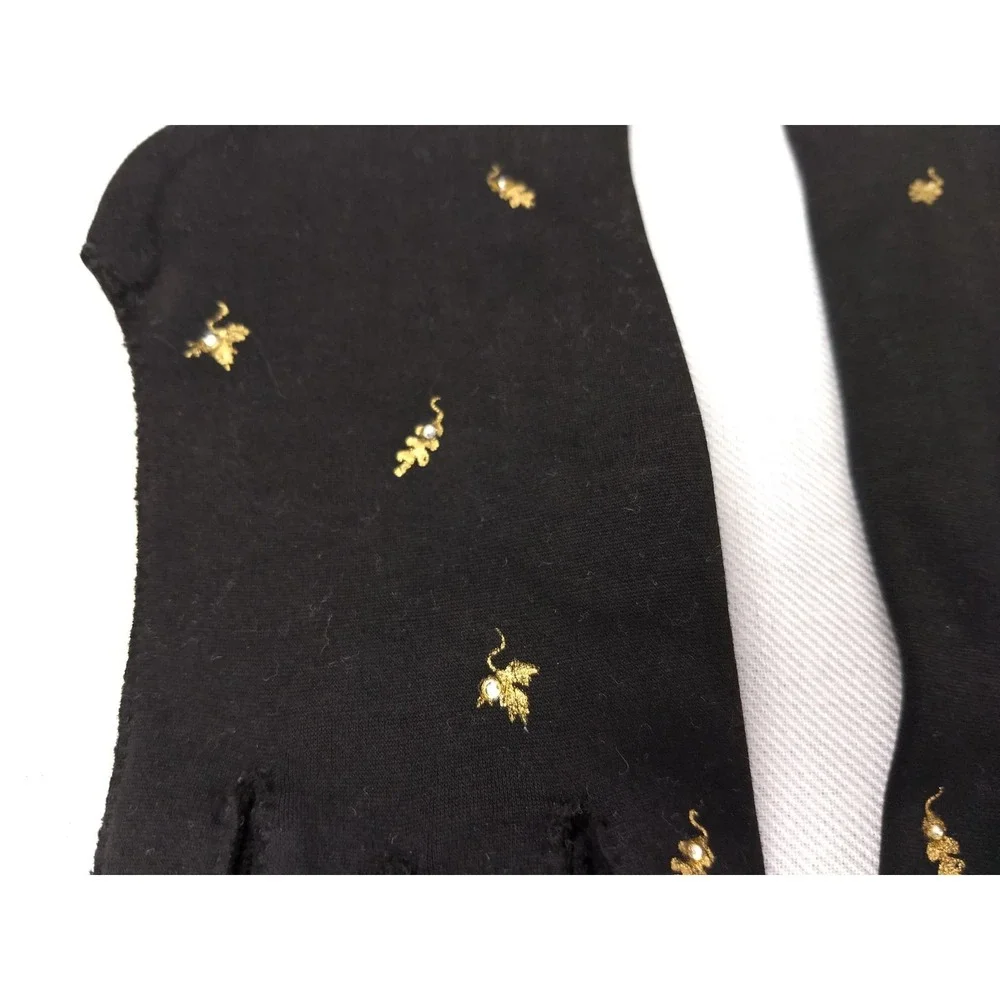 Madeleine Debs Wristlet Gloves Black Gold Embroidered Leaf Rhinestone Size 7 Vtg